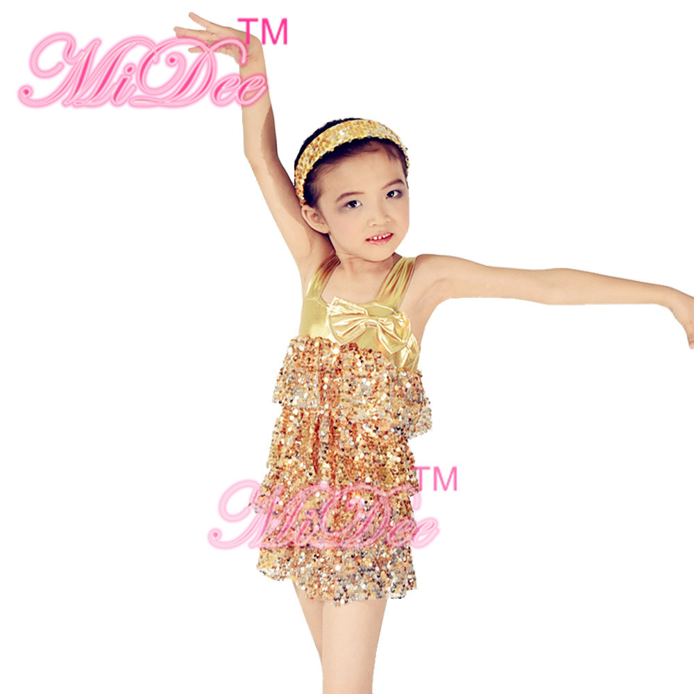 Metalic Edged Kids Dance Outfits Tiered Full Sequin Dress Shorts Including