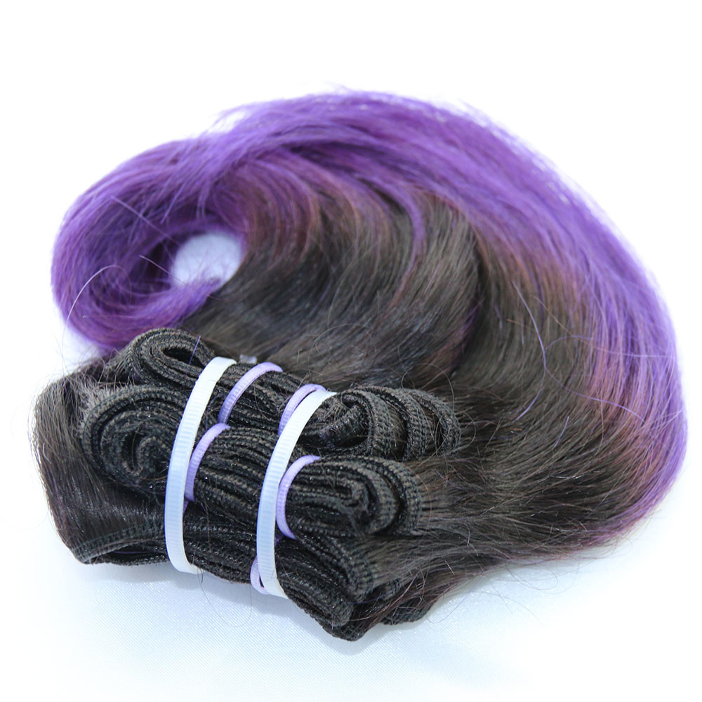 2017 New Style Short Curl Ombre Purple Brazilian Remy Hair Weft Hair Extension