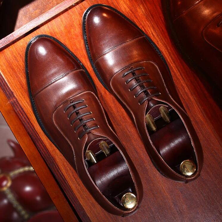 Plain Toe Mens Brown Lace Up Dress Shoes Sizes Customized With Waxy Leather Finish
