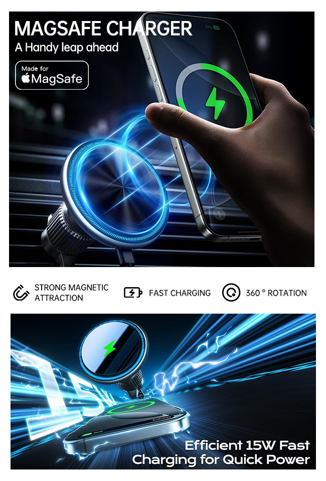 Magnetic Wireless Charging Car Phone Holder With Metal Material And One-Handed Operation For Fast Charging In Automotive