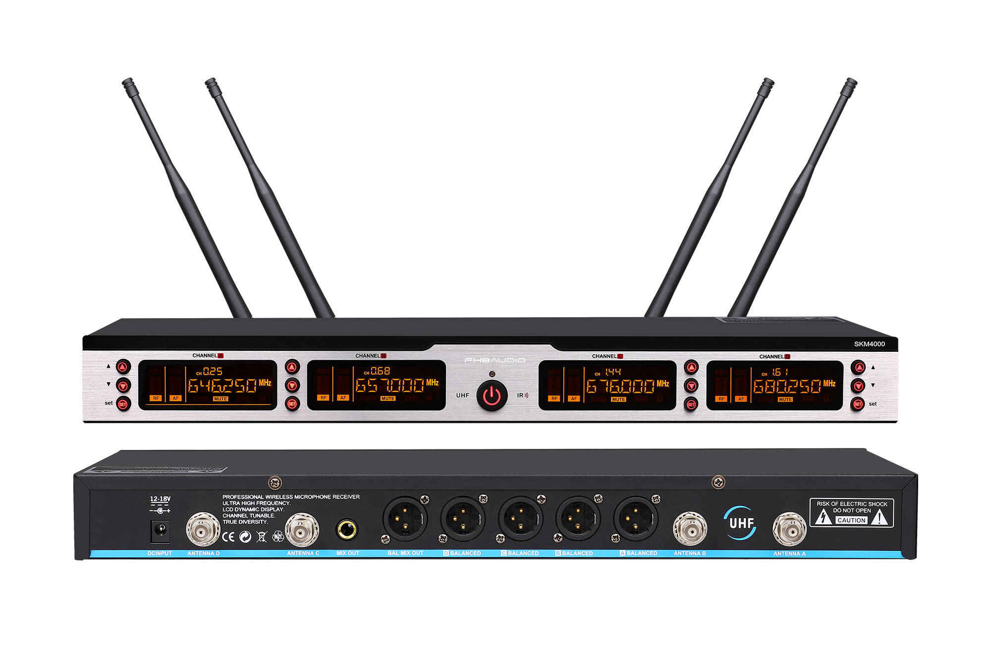 UHF 4 Channels Wireless Microphone System 80Hz -16KHz With Long Pick Up Range 100cm