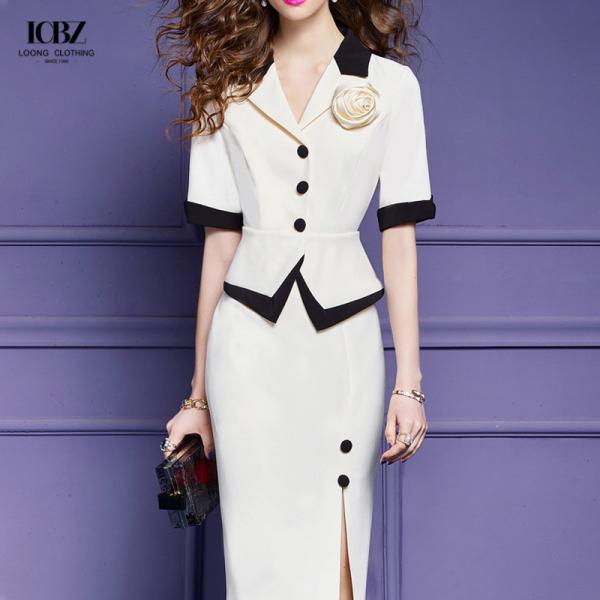 Women's Long Vintage Black and White Two-Piece Skirt Pant Coat Suit for Formal