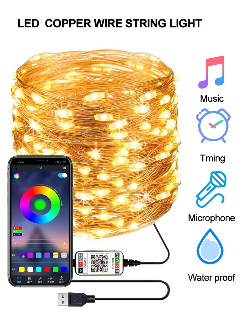 Waterproof Sync Smart Solar Decorative Lights RGB WIFI APP Control LED Copper Wire