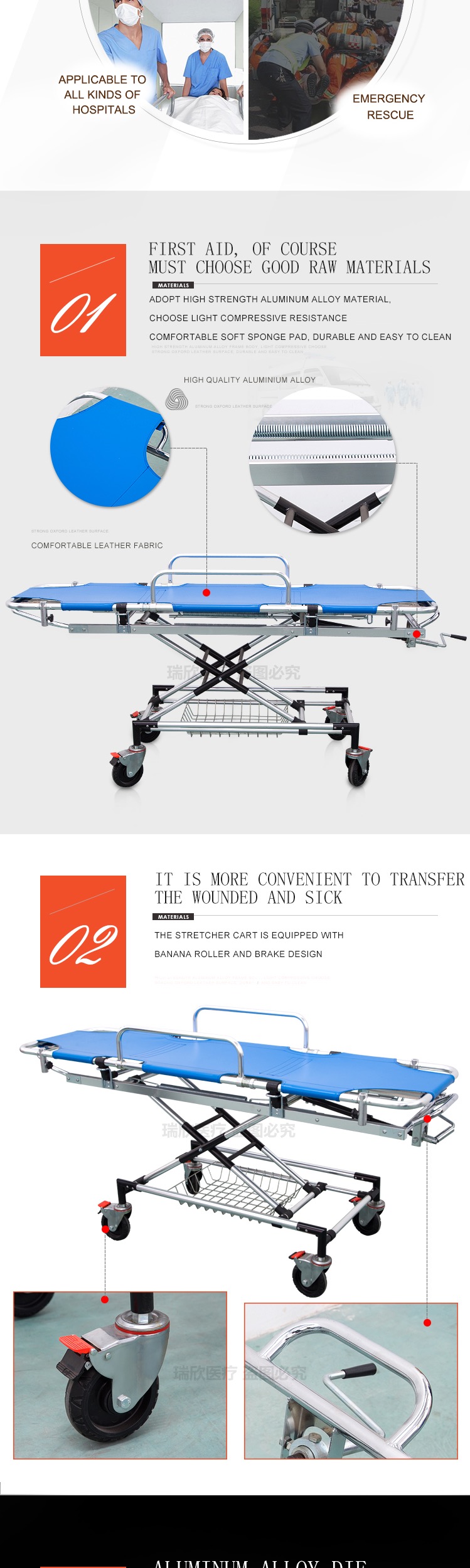 Blue Ambulance Stretcher Bed Aluminum Alloy Medical Stretcher Transport