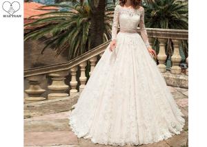 Quality White Lace Elegant Long Sleeve Wedding Dresses Beaded Belt Floor Length wholesale