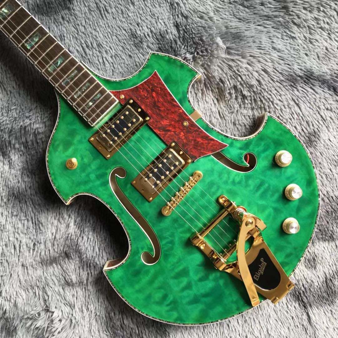 2021 Custom Grand Special Irregular Shape Body Semi-Hollow Body Electric Guitar in Green