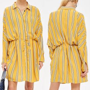 Quality Yellow Stripe Drawstring Ladies Casual Shirt Dress Long Sleeve for Women wholesale