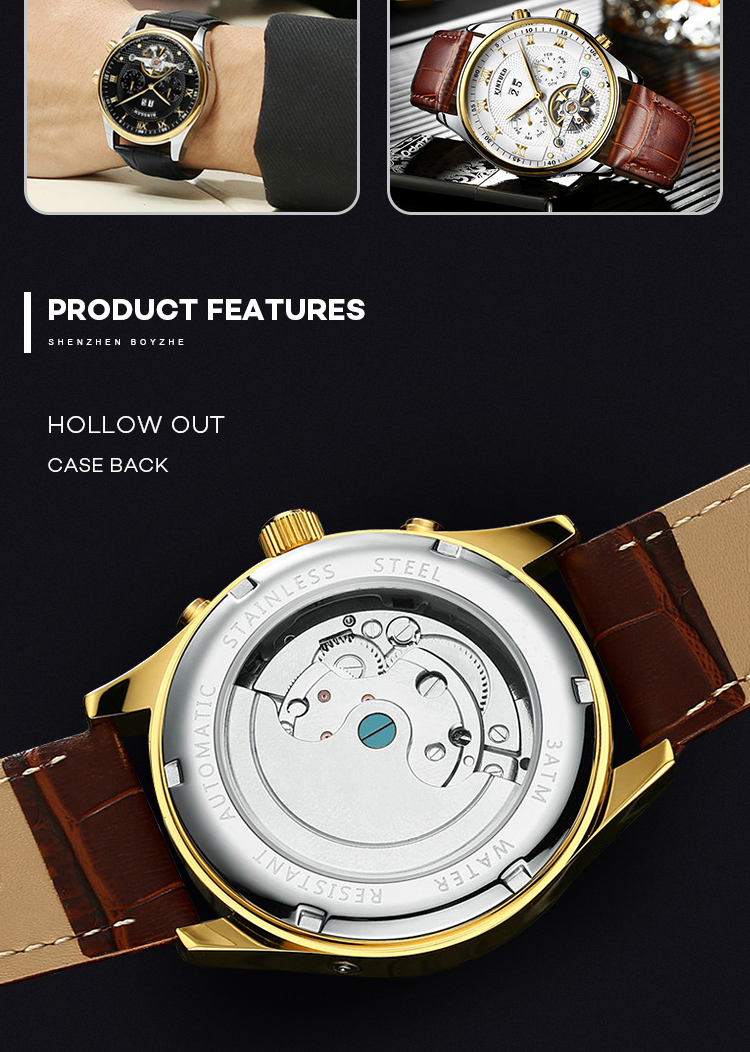KINYUED Business Power Reserve Automatic Movement Luxury Watches For Men Automatic Skeleton Watch