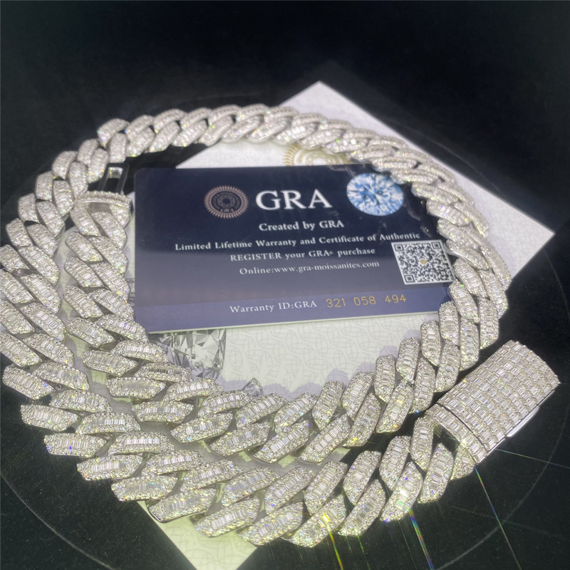9.25 Hardness Miami Cuban Link Chain Baguette 925 Sterling Silver 15mm Cuban Chain