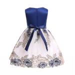 O-Neck Satin Girl Dress Embroidered Mesh Dress Dark Blue Pearl Necklace Dresses