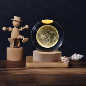Quality 6cm 3D Art Crystal Ball Night Light Birthday Gift Night Light Wooden Light Base Table Lamp Decoration wholesale