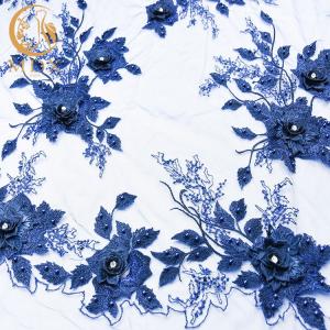 Quality Dark Blue Wedding Dress Lace Fabric 55 inch Width Rhinestones Decoration wholesale