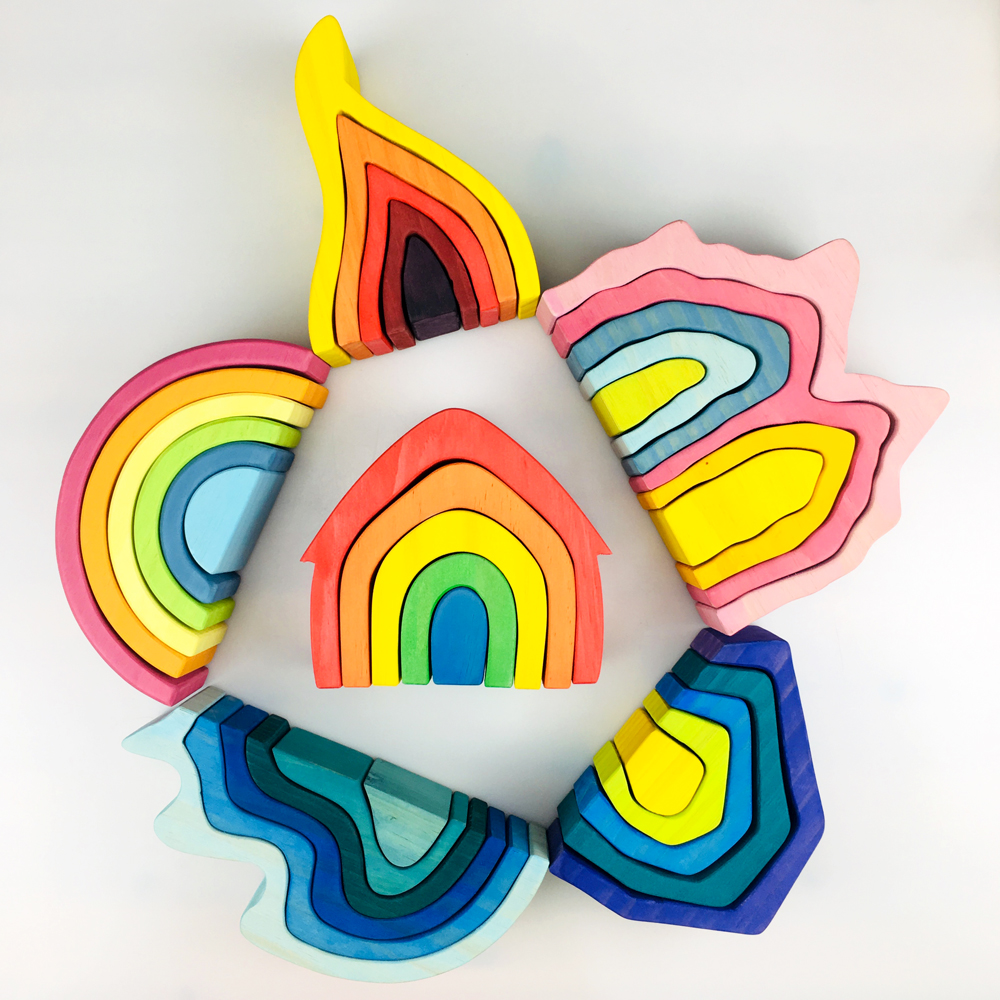 Pegdolls Wooden Building Blocks Toy Geometric Rainbow Building Blocks