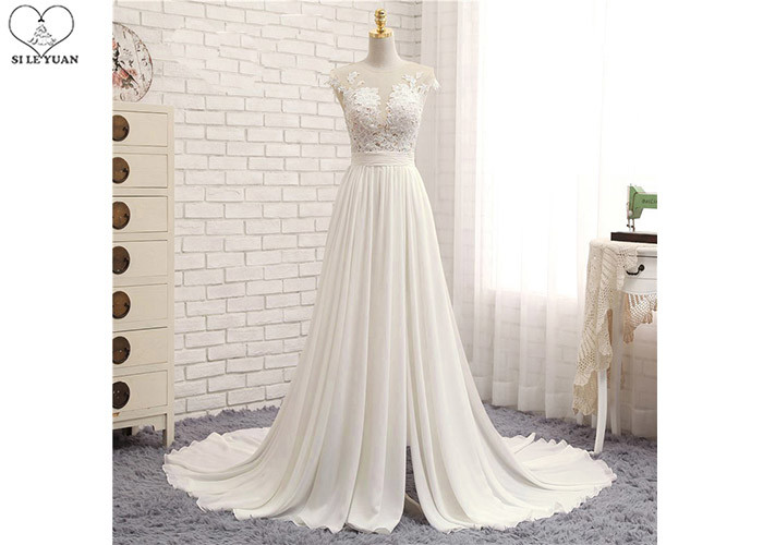 High Slit A Line Bridal Gowns / Cream Colour Wedding Gown Open Back Pleated Tail