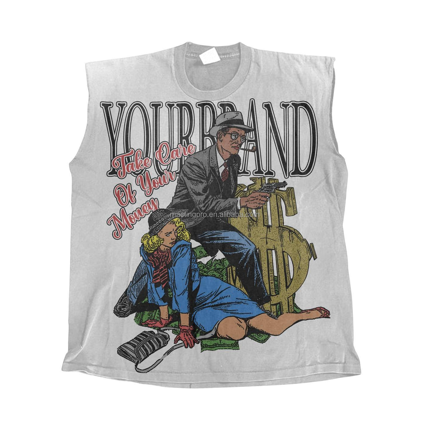 Terry Fabric Custom Hip Hop Oversized Cut Raw Hem Crop Tank Tops Cotton T-shirt for Men
