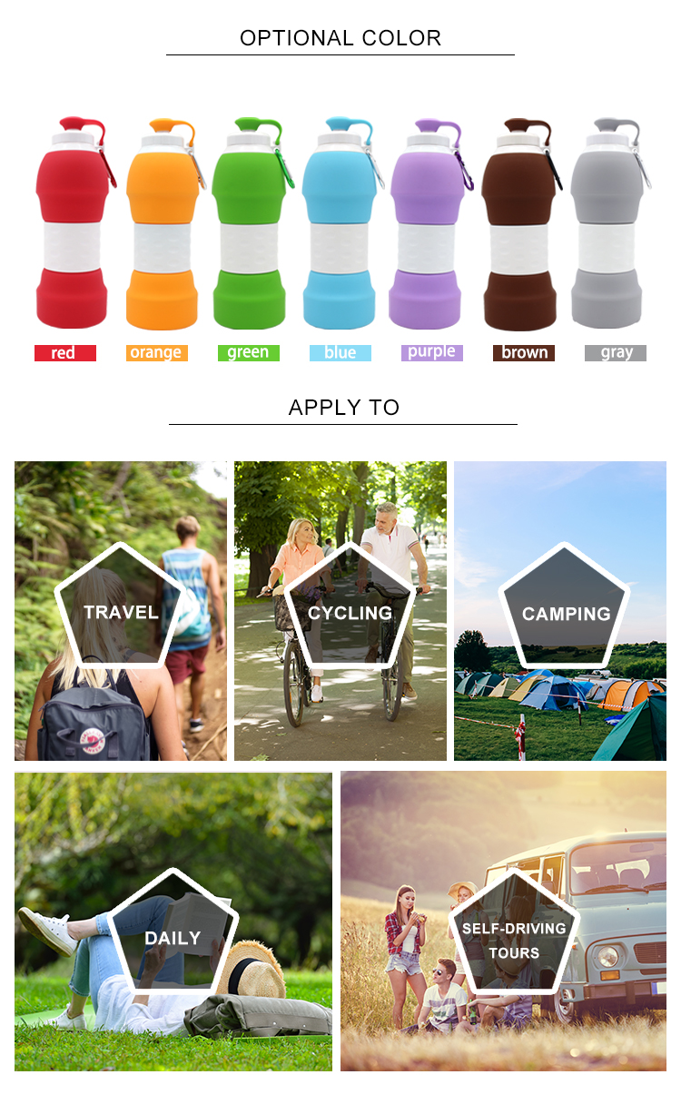 580ML Collapsible Silicone Water Bottle , Sports Compressible Water Bottle