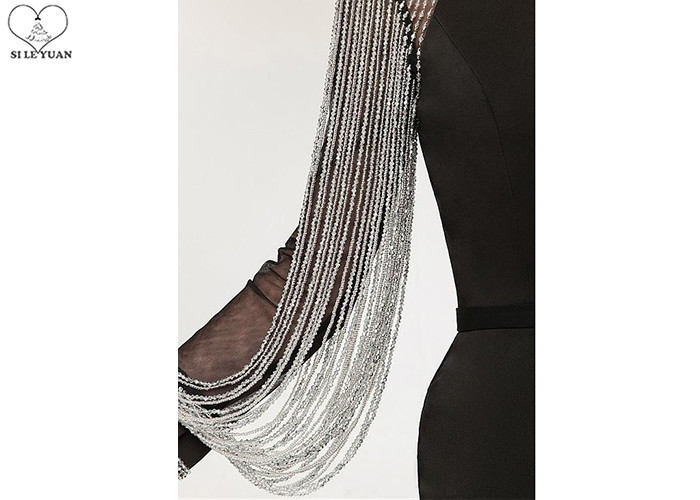 Stretch Fabric Black Long Sleeve Mermaid Prom Dress Tassels Sleeves Sweep Train