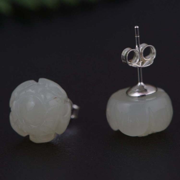 Sterling Silver 925 Natural Jade Engraved Flowers Stud Earring (TRS30897)