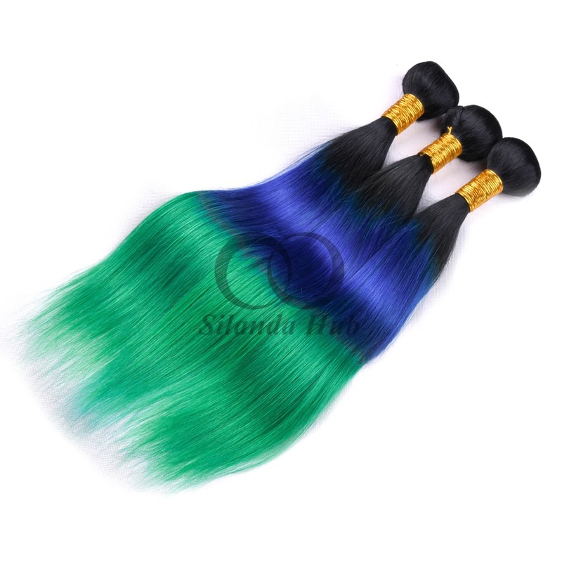 #T1B/Blue/Green Straight Remy Human Hair Bundles Sew In Weave Bundles Brazilian Bundle Deals