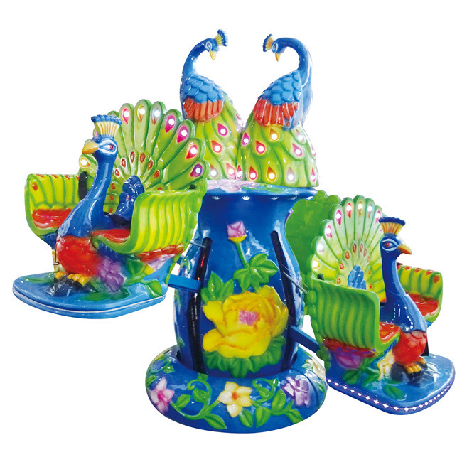 Blue color peafowl helicopter ride for kids funny lifting and rotating game machine