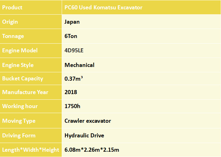 Origin Japan PC60 Used Komatsu Excavator PC60 Excavator Secondhand Komatsu Excavator PC60