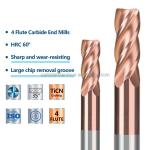 HRC55 Golden Color 4 Flute Long Shank Square End Mill Cutter 1/4 Inch Bronze