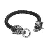 Hot Sales PU Leather Stainless Steel Double Wolf Heads Bracelet