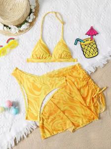 Quality Slim Bikini Three Piece Swimwear Tether Pleated Skirt Three Piece Bathing Suit wholesale