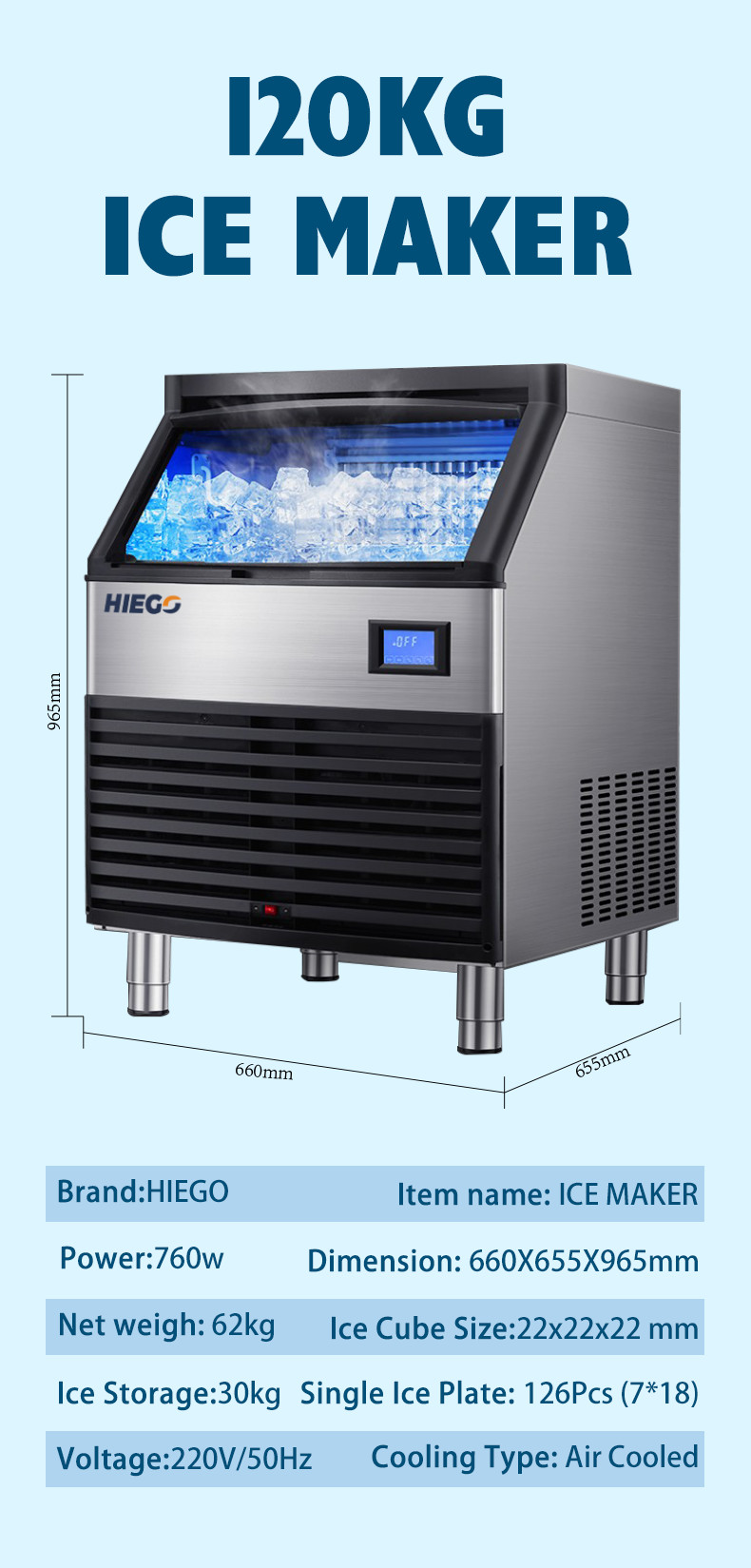 120kg Automatic Ice Machine 22mm Countertop Ice Cube Maker R404