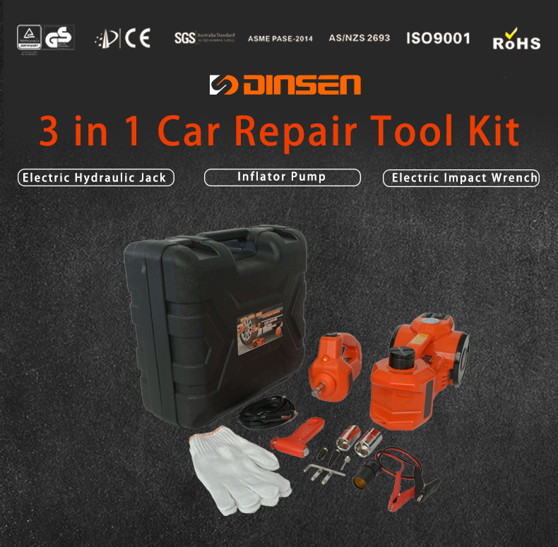 12V DC 3T Electric Hydraulic  Jack and Tire Inflator and  with Electric Impact Wrench Car Repair Tool Kit