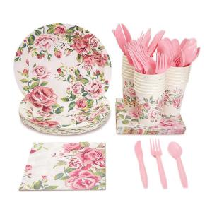 Quality Pink Floral Baby Shower Afternoon Tea Disposable Paper Tableware wholesale