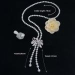 Women White 8mm Shell Pearl Starnds Tassel Necklace with Cubic Zirconia Bow