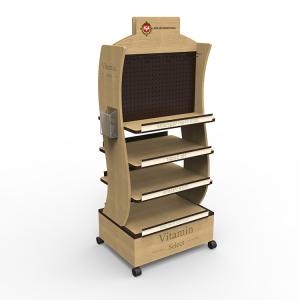 Quality Vitamin Timber Display Stand Wooden Retail Shelving With Casters wholesale