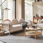 Wood Rattan Living Room Simple Sofa Country Style Sponge Upholstery Teddy Fabric