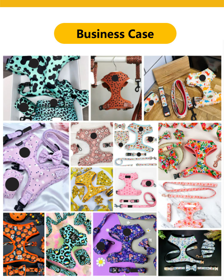 Custom Print Pattern Designer Soft Padded Dog Harness Set with Adjustable Vest Collar Leash and Bow Bandana in Various Colors