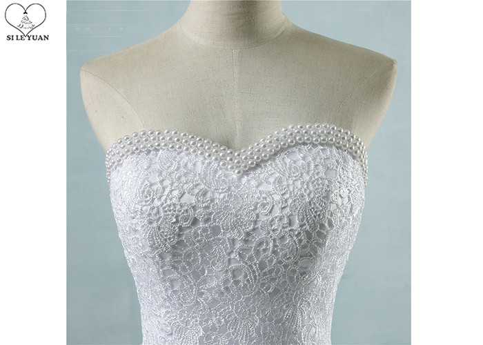 Strapless White Ball Gown Wedding Dresses Lace Bust Waist Beading Tulle