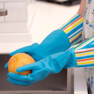 Quality Long Sleeve Household Kitchen Rubber Gloves Flocklined Oil Proof With Beautiful Patterns wholesale
