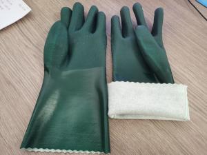 Quality Sandy finished surface 35cm flock cotton lined Dark green waterproof chemcial resistant anti slip Pvc dipped safety work gloves wholesale