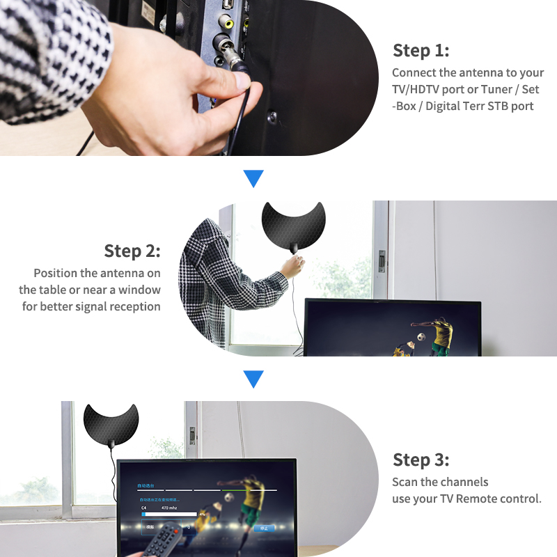 3 Meters Cable Length IEC/F Male Connector Long Range HD 1080p Digital Indoor TV Antenna