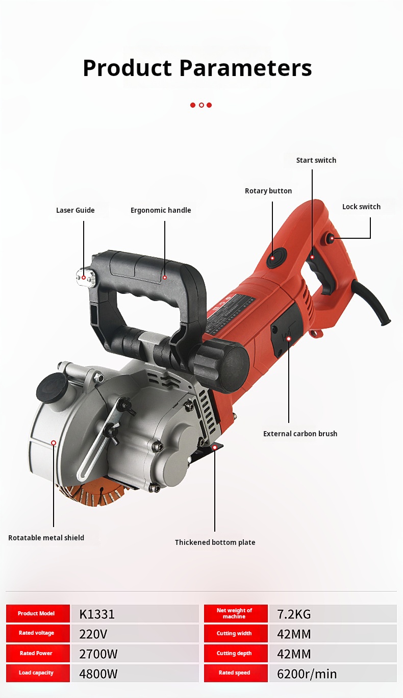 Laser Positioning Slot Wall Groove Cutter 42mm Cutting Depth Adjustable