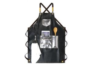 Quality PU Leather Kitchen Cooking Apron Silver And Black Stitching Padded wholesale