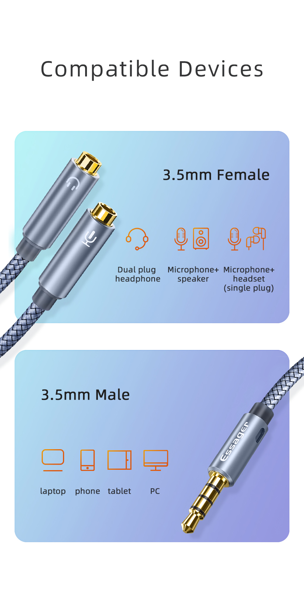 Braid Shielding 3.5MM Audio Adapters 2 In 1 Supporting Microphone Audio Cable