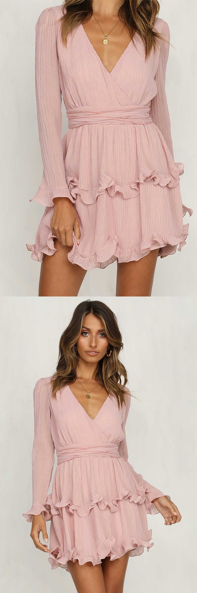 Fashion women Long Sleeve V neck Pink Vintage Dress