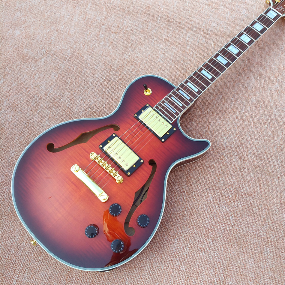 High quality custom LP Semi Hollow body Electric Guitar with F holes, Flame Maple Top & Back LP Electric guitar