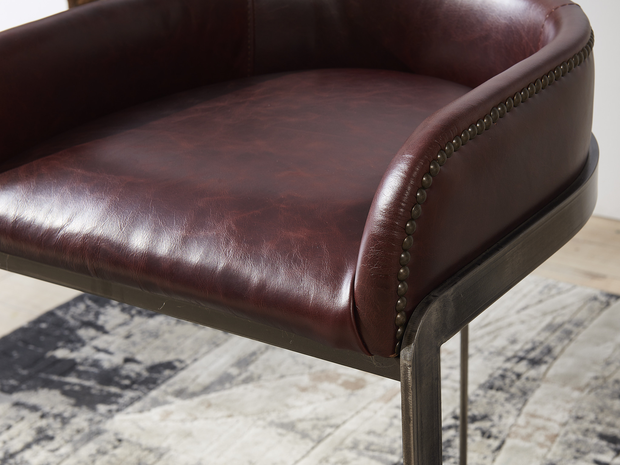 Vintage Reddish Brown Leather Counter Height Stools Strong Iron Frame Old Finishing