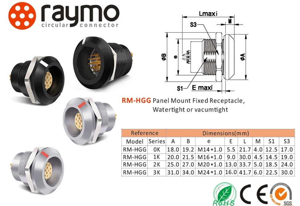 Fixed Panel Socket Waterproof Power Connector HGG 0K 307 KLA LEMO K Series
