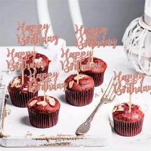 Quality Rose Gold Glitter Happy Birthday Paper Cupcake Topper wholesale