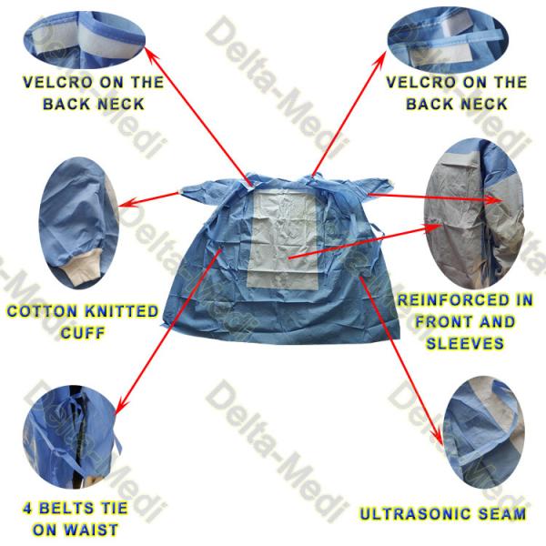 Cheap Hospital Medical 45gsm Disposable SMS Surgical Gown Ultrasonic Seam for sale