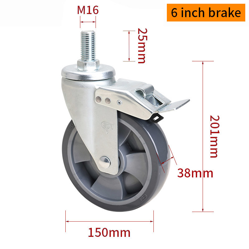 Medium Duty TPU Caster 6 Inch 250kg Load Threaded Castor Wheels