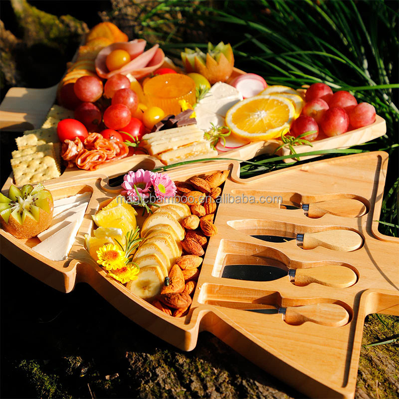 Unique Irregular Christmas Tree Charcuterie Board Set And Knives Made of Solid Bamboo